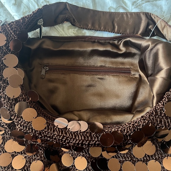 NWT - Vintage Brown Sequins Baguette Crochet Bag, Shimmer 90’s Shoulder Purse - Picture 7 of 7